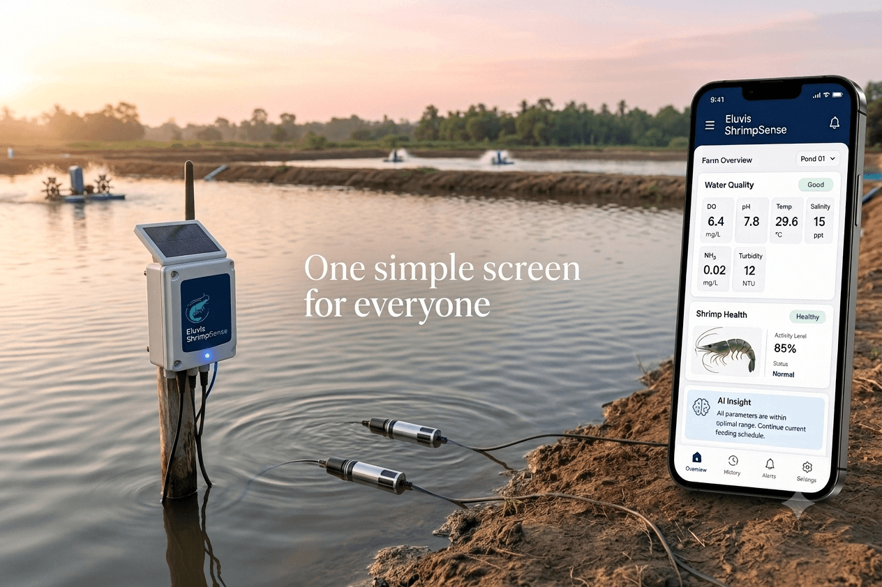 Eluvis ShrimpSense sensor installed in a pond at sunset, alongside the mobile dashboard